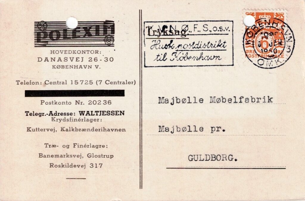 Forsendelsen, (desværre arkiv gennemhullet) en tryksag årgang 1950 afsendt af firmaet A/S Polexim Co med tilknytning til Firmaet Walter Jessen & Co. A/S med samme adresse Danasvej 26 – 30. København V., - påsat med Afa-Nr. 254, 6 øre, orangegul. Type II. 1. juli 1940 perforeret med perfinbilledet W.J. perfinnummer W 10. Afstemplet med TMS Dansk Tekst Maskinstempel Kliché 1 / 17 1949-50 København OMK. 3. Afsendt den 6. januar til Majbølle Møbelfabrik. Majbølle pr. Guldborg.